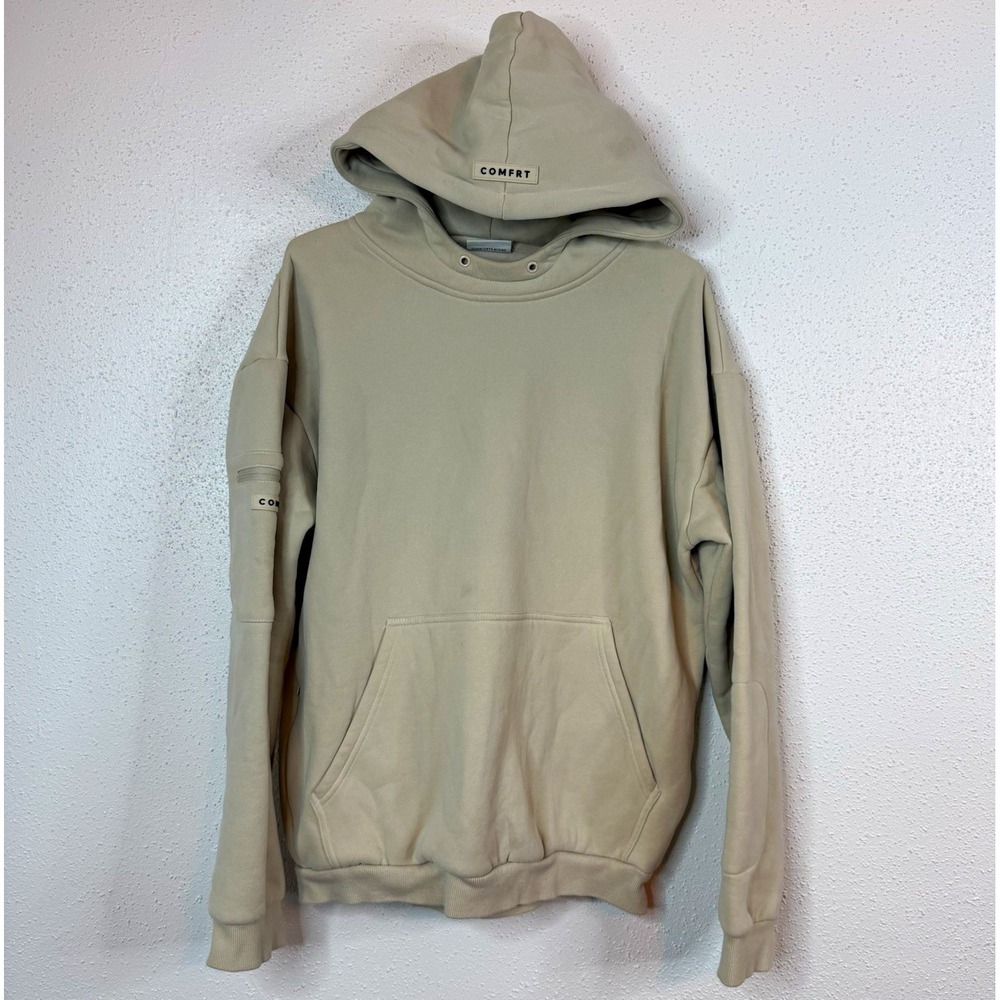 Comfrt Women's Beige Fleece Pullover Hoodie Logo Pocket Casual, Size S